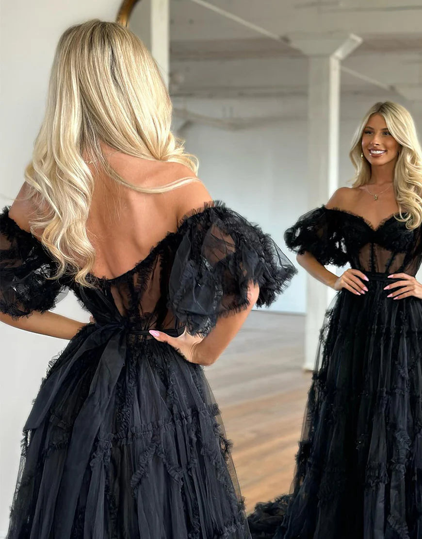 A Line Tulle Sweetheart Cute Prom Dress with Sleeves