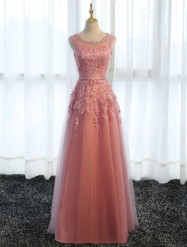 A Line Long Lace Party Dress Applique Tulle Formal Dress Prom Dresses Floor Length