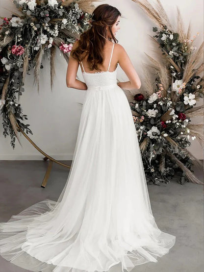 A-Line/Princess Tulle Lace V-neck Sleeveless Sweep/Brush Train Wedding Dresses Beautiful