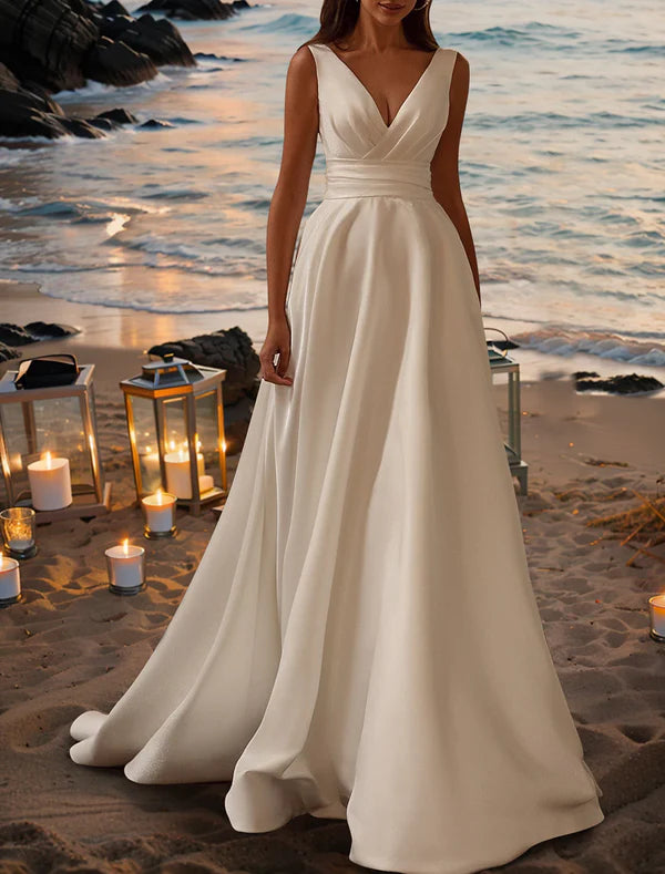 Beach Simple Wedding Dresses A-Line V Neck Sleeveless Court Train Satin Bridal Gowns With Pleats