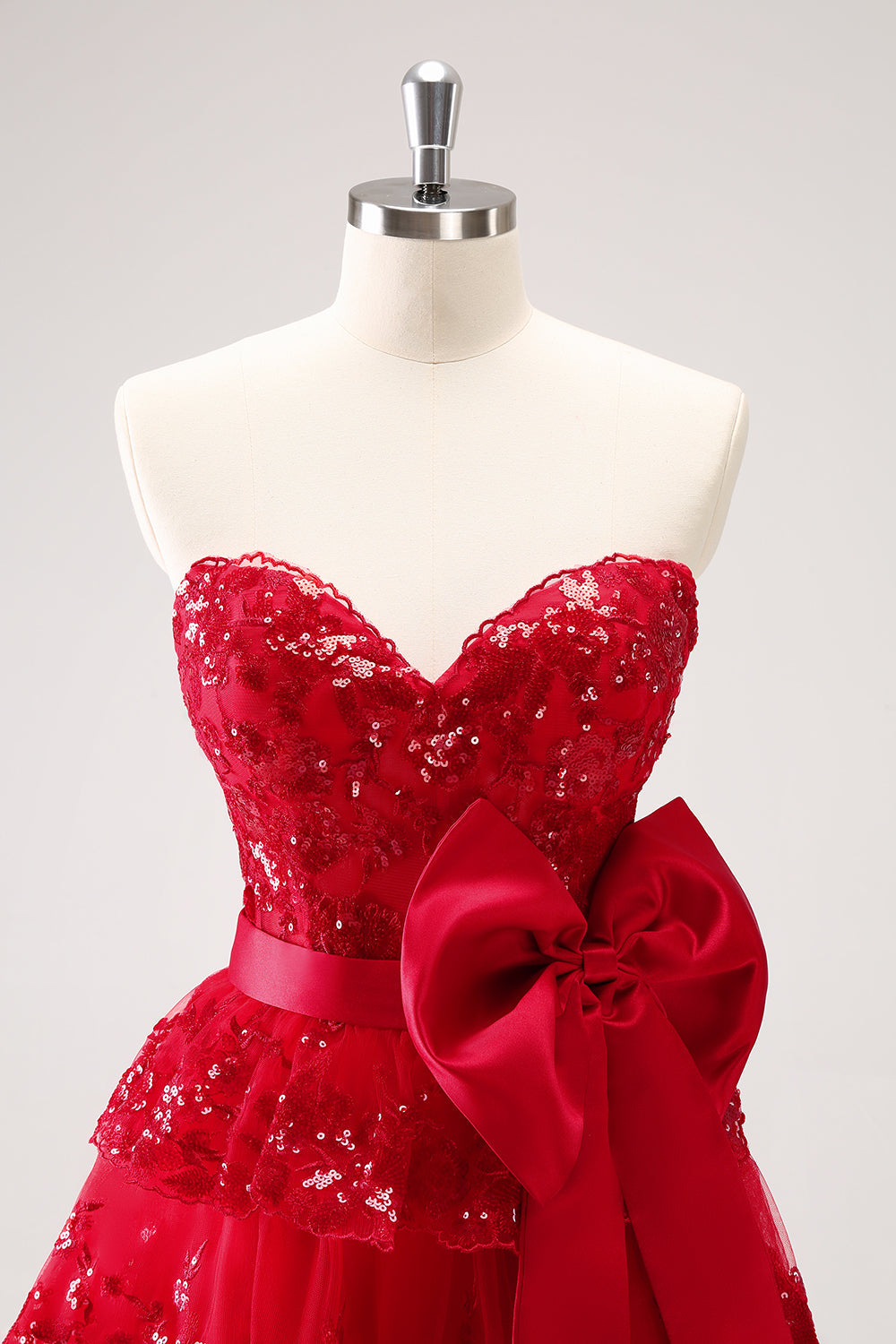 Sparkly Red A Line Sweetheart Corset Tiered Ruffle Homecoming Dress with Bows Off Shoulder