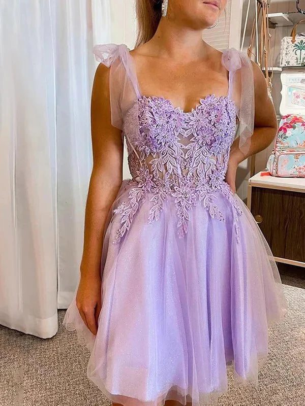 A-line Princess Tulle Applique Sweetheart Sleeveless Tight Bra Short/Mini Dress Homecoming Dress Beautiful