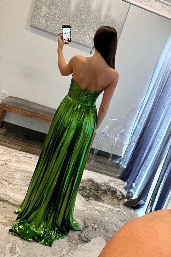 Green Metallic Strapless Pleated A-Line Long Prom Dresses Off Shoulder Sexy Evening Dress