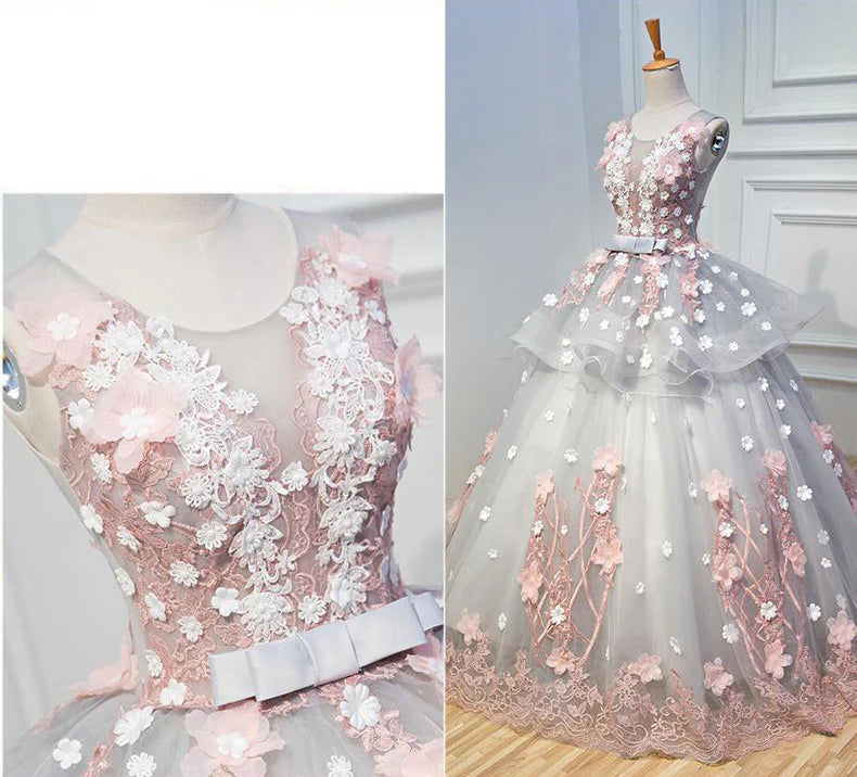Ball Gown Quinceanera Dress Gorgeous Grey Tulle Long Prom Gown With  Appliques