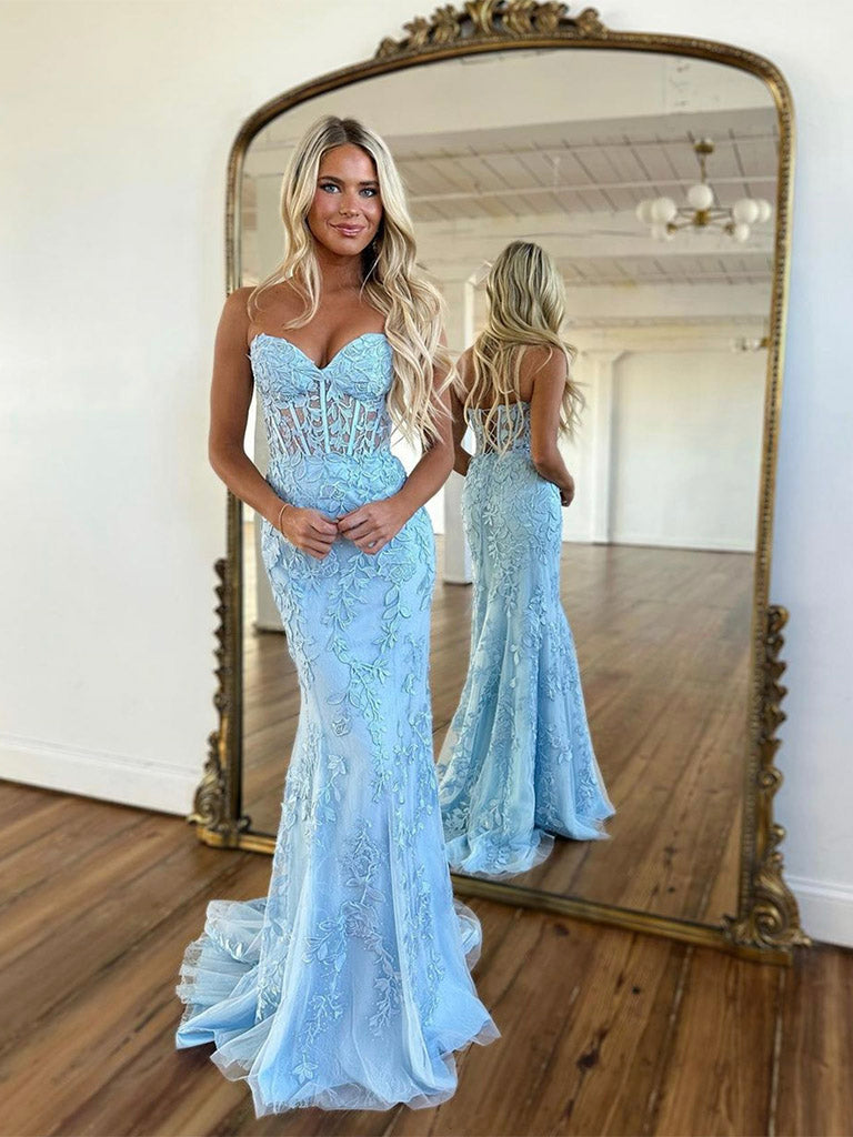 Light Blue Sweetheart Neck Lace Tulle Mermaid Long Prom Dress Strapless Formal Dress with Appliques