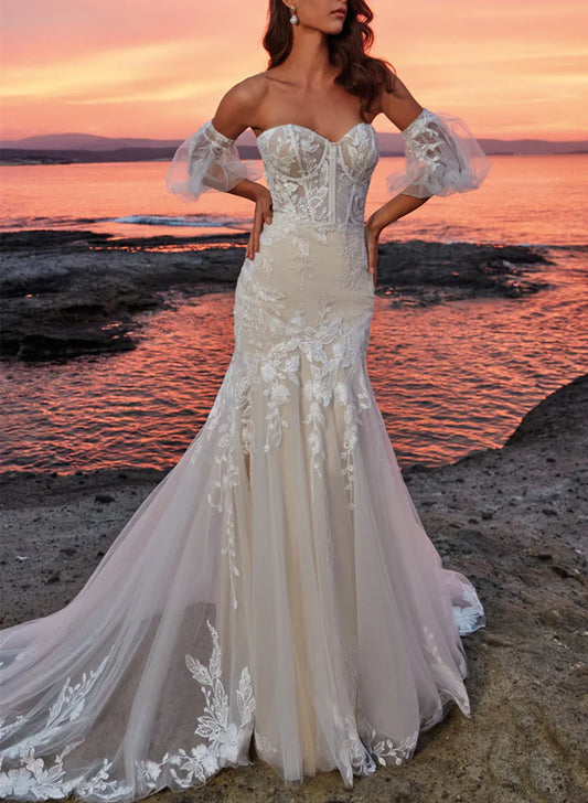 Trumpet Mermaid Sweetheart Short Sleeves Tulle Lace Court Train Wedding Dress With Appliques Lace Off Shoulder Elegant