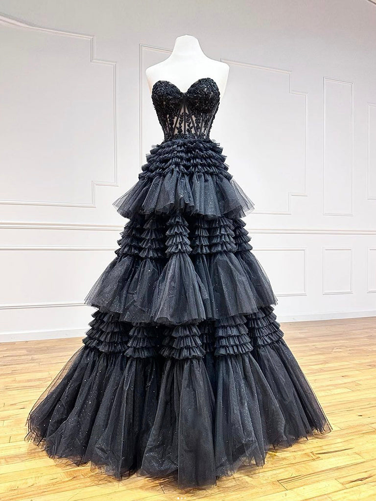 Black Sweetheart Neck Tulle Lace Long Prom Dress Formal Evening Dress Off Shoulder Sparkly