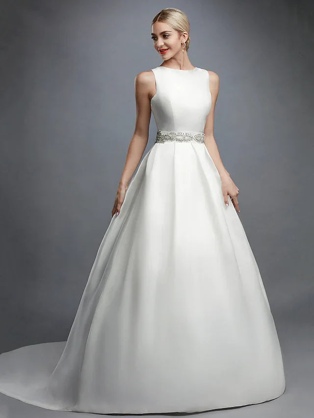 Ball Gown Wedding Dresses Bateau Neck Court Train Lace Satin Regular Straps Formal Backless with Lace Sash Ribbon Beading