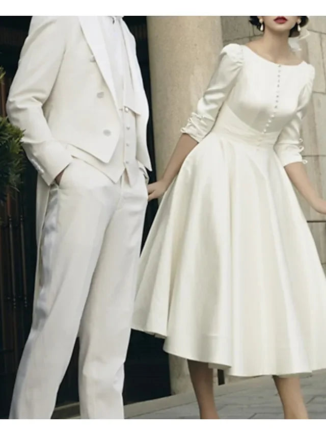 A-Line Wedding Dresses Jewel Neck Tea Length Satin Half Sleeve Simple Vintage Little White Dress with Buttons Pleats