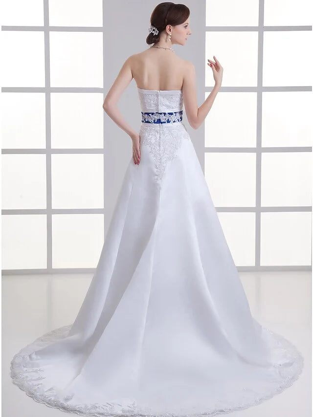 A-Line Wedding Dresses Strapless Court Train Lace Satin Strapless with Sashes Ribbons Beading Appliques