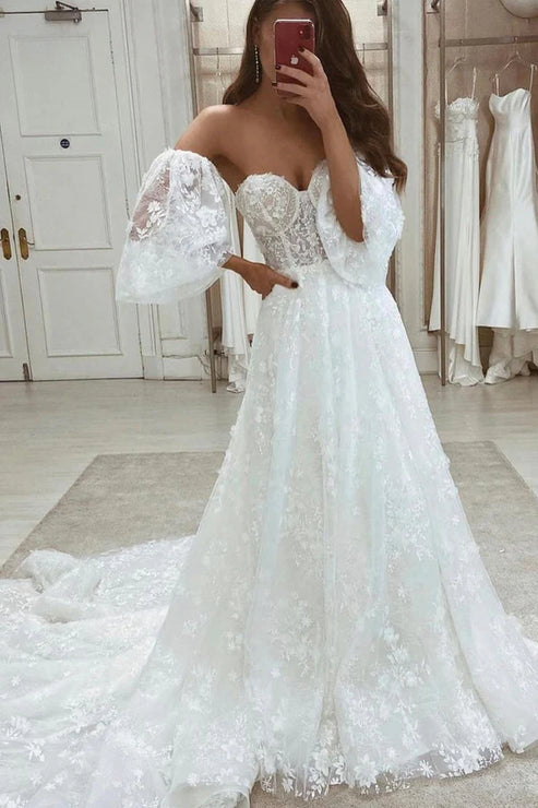 A Line Lace Appliques Wedding Dresses Sweetheart Wedding Gowns Beautiful