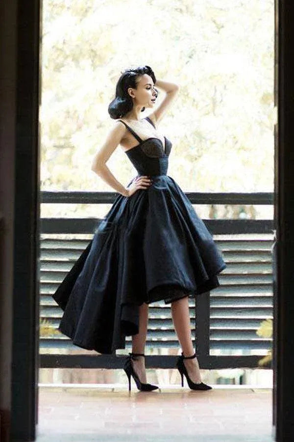 A Line Black Homecoming Dresses Spaghetti Straps V Neck Evening Gown High Low  Asymmetric Short Prom Dress