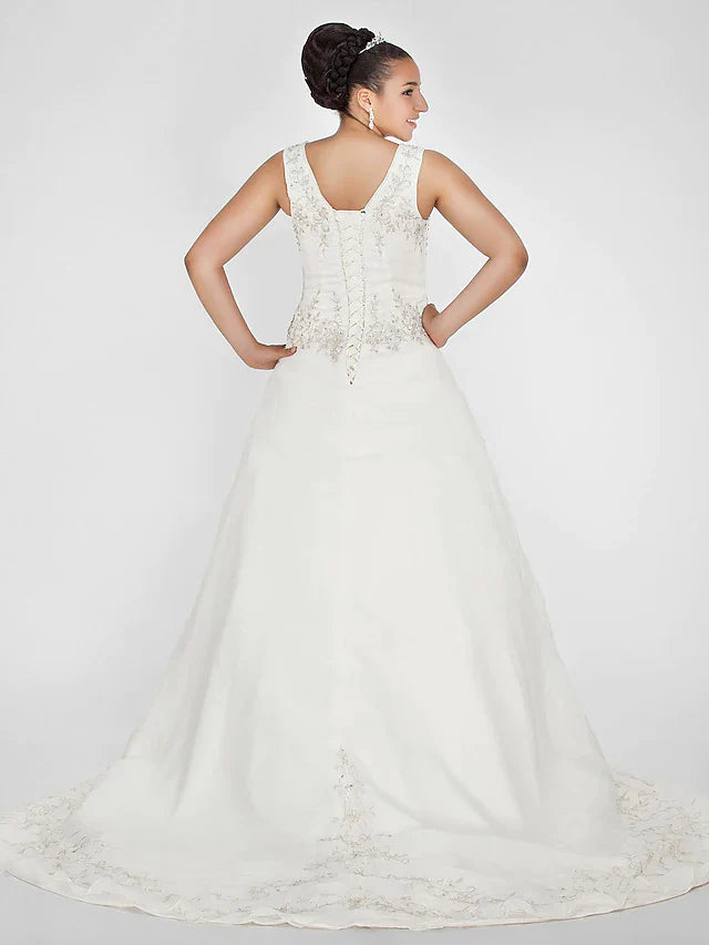 Ball Gown Wedding Dresses V Neck Court Train Organza Beaded Lace Regular Straps Formal Plus Size with Beading Embroidery