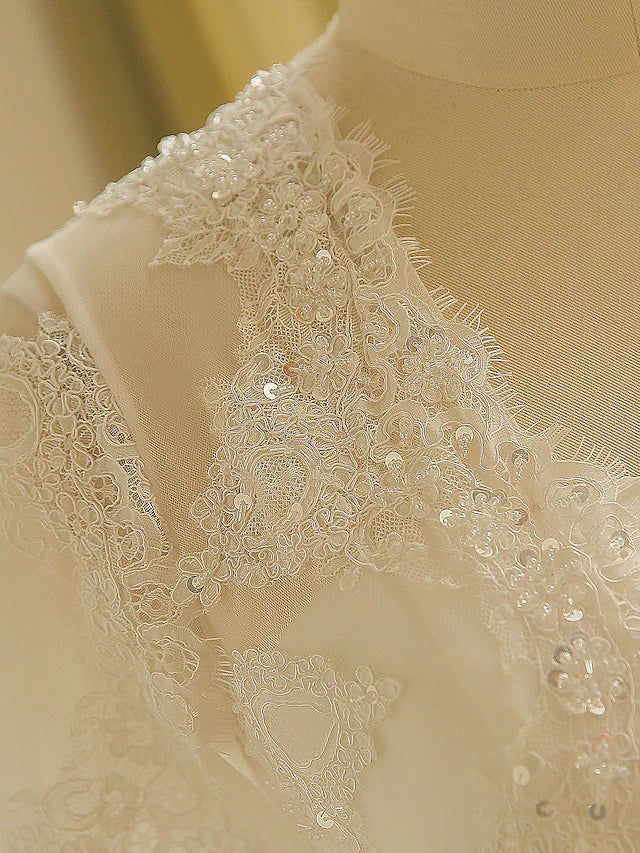 A-Line Wedding Dresses Jewel Neck Court Train Lace Long Sleeve Country Illusion Sleeve
