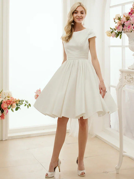 A-Line Wedding Dresses Jewel Neck Knee Length Satin Short Sleeve Formal Simple Casual Little White Dress with Sash Ribbon