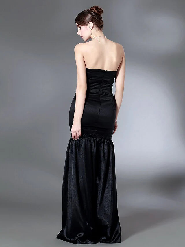 Open Back Holiday Cocktail Party Formal Evening Dress Strapless Sleeveless Floor Length Stretch Satin with Draping