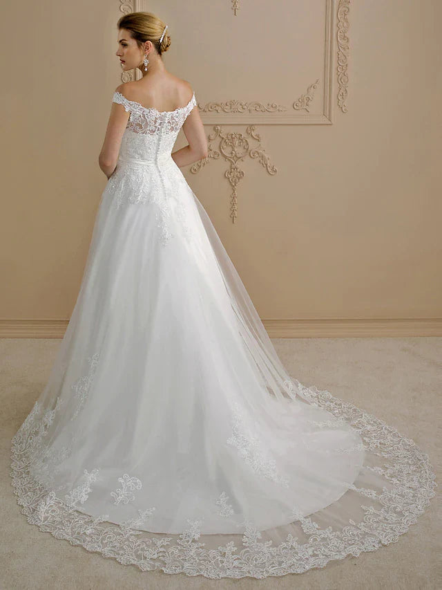 Ball Gown Wedding Dresses Off Shoulder Court Train Lace Tulle Cap Sleeve Country Glamorous See-Through Plus Size Backless with Sashes Ribbons Bow(s) Buttons