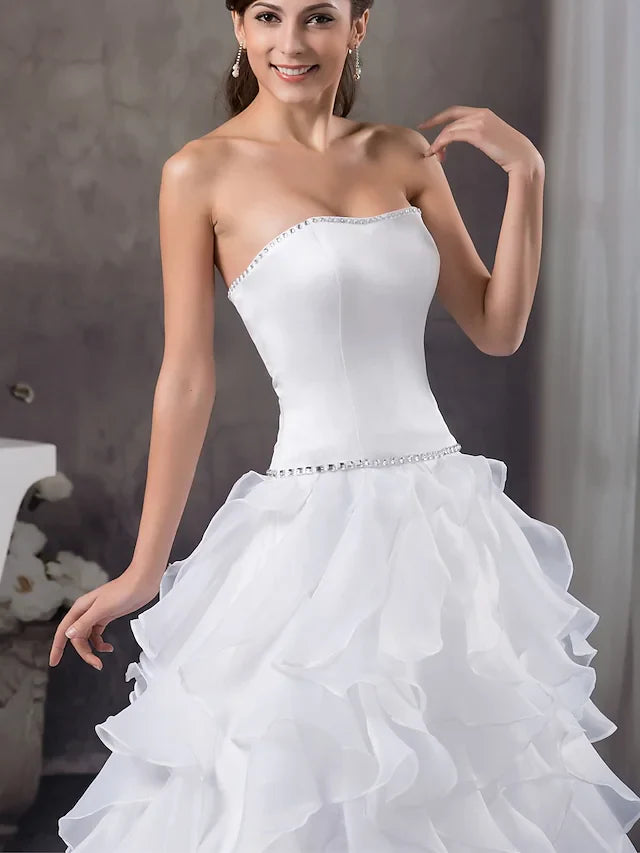 A-Line Wedding Dresses Strapless Court Train Organza Satin Strapless with Beading Cascading Ruffles