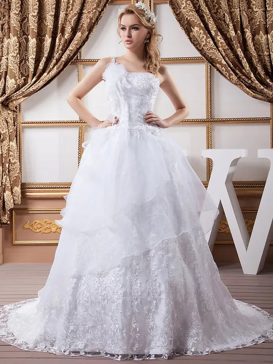 A-Line Wedding Dresses One Shoulder Court Train Lace Organza Satin Spaghetti Strap with Ruched Lace Insert Cascading Ruffles