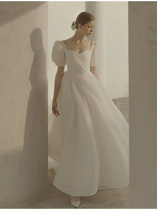 A-Line Wedding Dresses Scoop Neck Ankle Length Organza Short Sleeve Country Simple Little White Dress with Ruffles