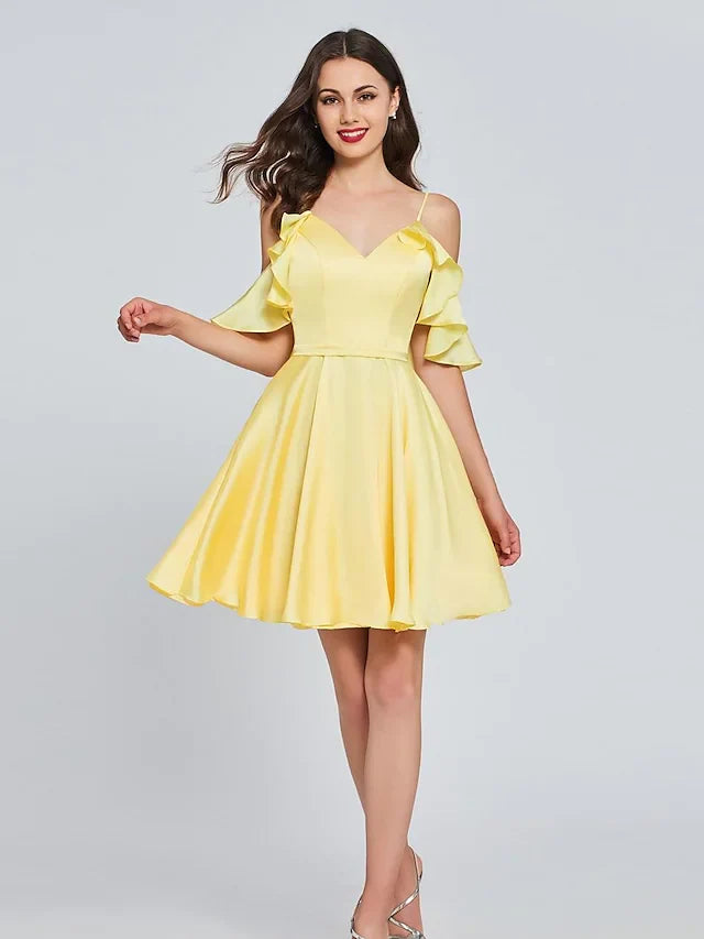 A-Line Minimalist Sexy Engagement Cocktail Party Dress V Neck Sleeveless Knee Length Satin with Pleats