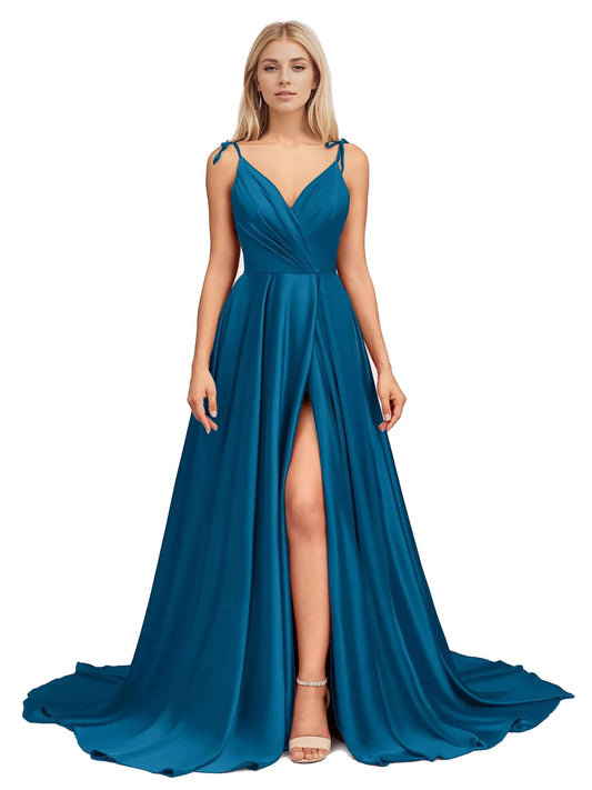 Elegant V Neck Sleeveless Split Bridesmaid Dresses Cocktail Party Prom Long Wedding Guest Dresses For Women