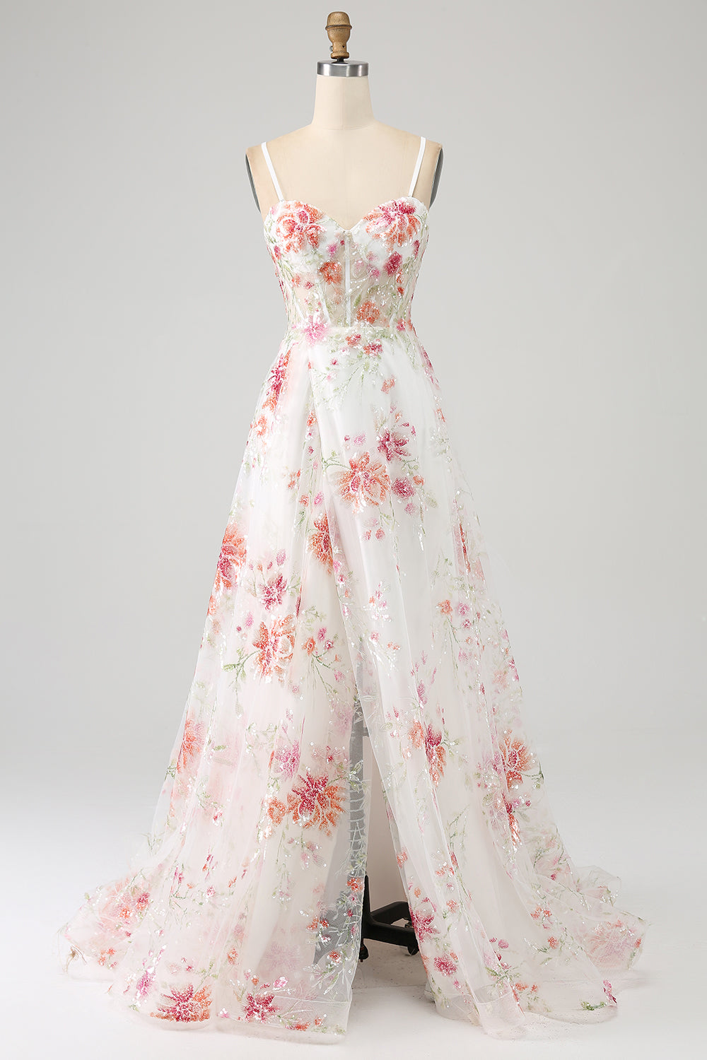 Ivory Flower Embroidered Long Corset Prom Dress with Slit Beautiful