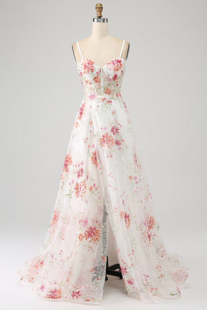 Ivory Flower Embroidered Long Corset Prom Dress with Slit Beautiful