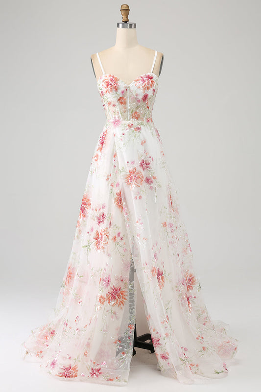Ivory Flower Embroidered Long Corset Prom Dress with Slit Beautiful