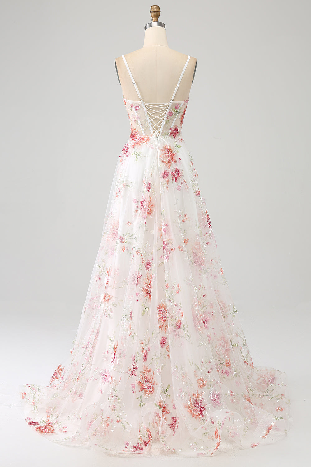 Ivory Flower Embroidered Long Corset Prom Dress with Slit Beautiful