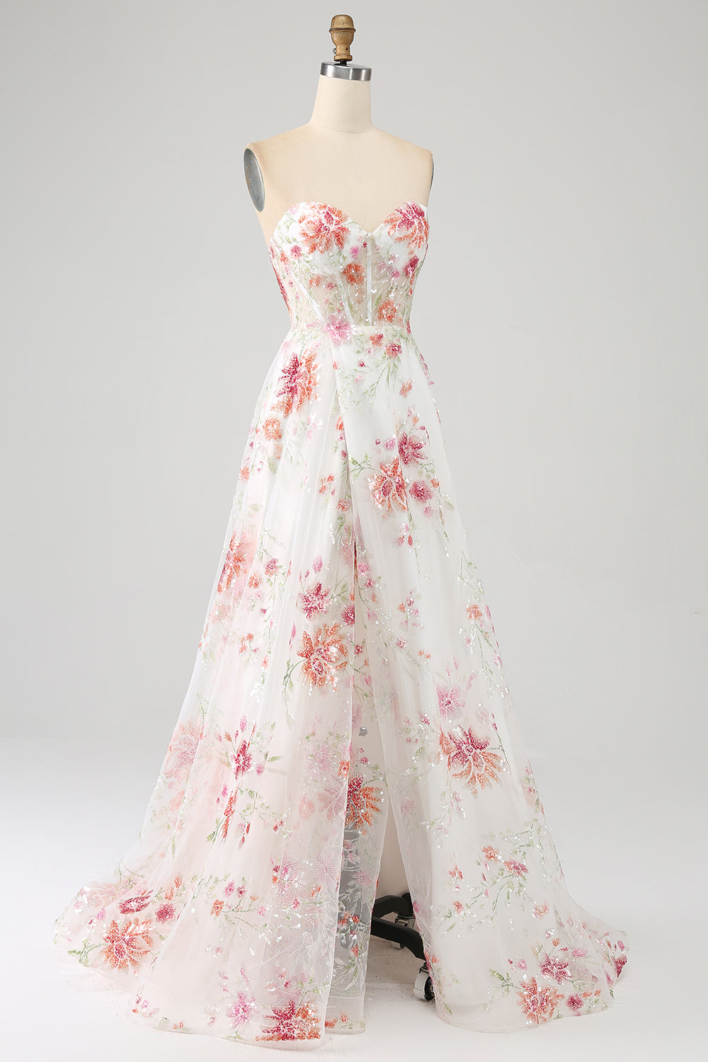 Ivory Flower Embroidered Long Corset Prom Dress with Slit Beautiful