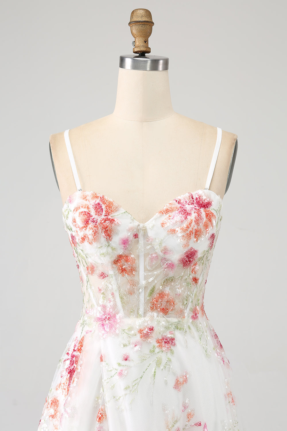 Ivory Flower Embroidered Long Corset Prom Dress with Slit Beautiful