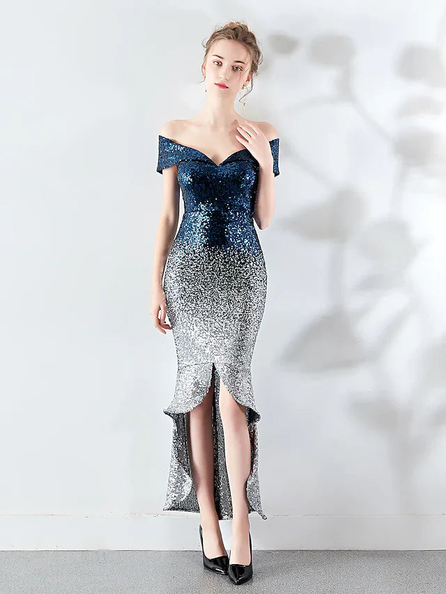 Sexy Wedding Guest Cocktail Party Prom Dress Off Shoulder Sleeveless Asymmetrical Sequined with Sequin