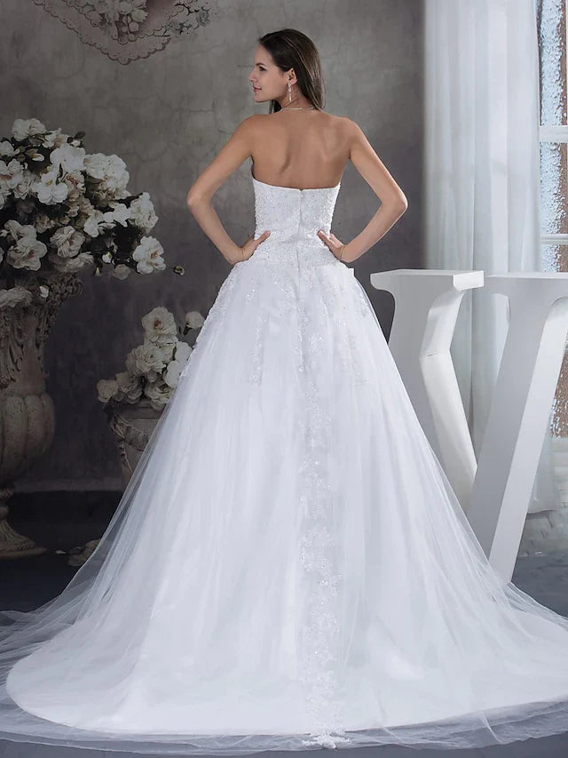 A-Line Elegant Wedding Dresses Strapless Court Train Lace Tulle Strapless with Beading Appliques