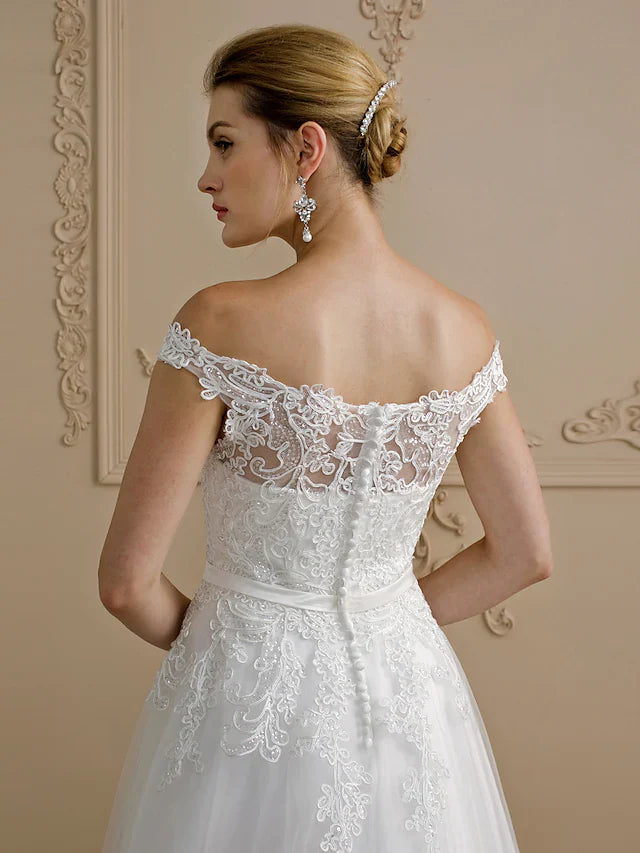 Ball Gown Wedding Dresses Off Shoulder Court Train Lace Tulle Cap Sleeve Country Glamorous See-Through Plus Size Backless with Sashes Ribbons Bow(s) Buttons
