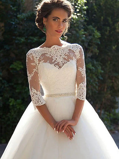 A-Line Wedding Dresses Off Shoulder Court Train Lace Tulle Length Sleeve Formal Sexy Illusion Sleeve with Appliques