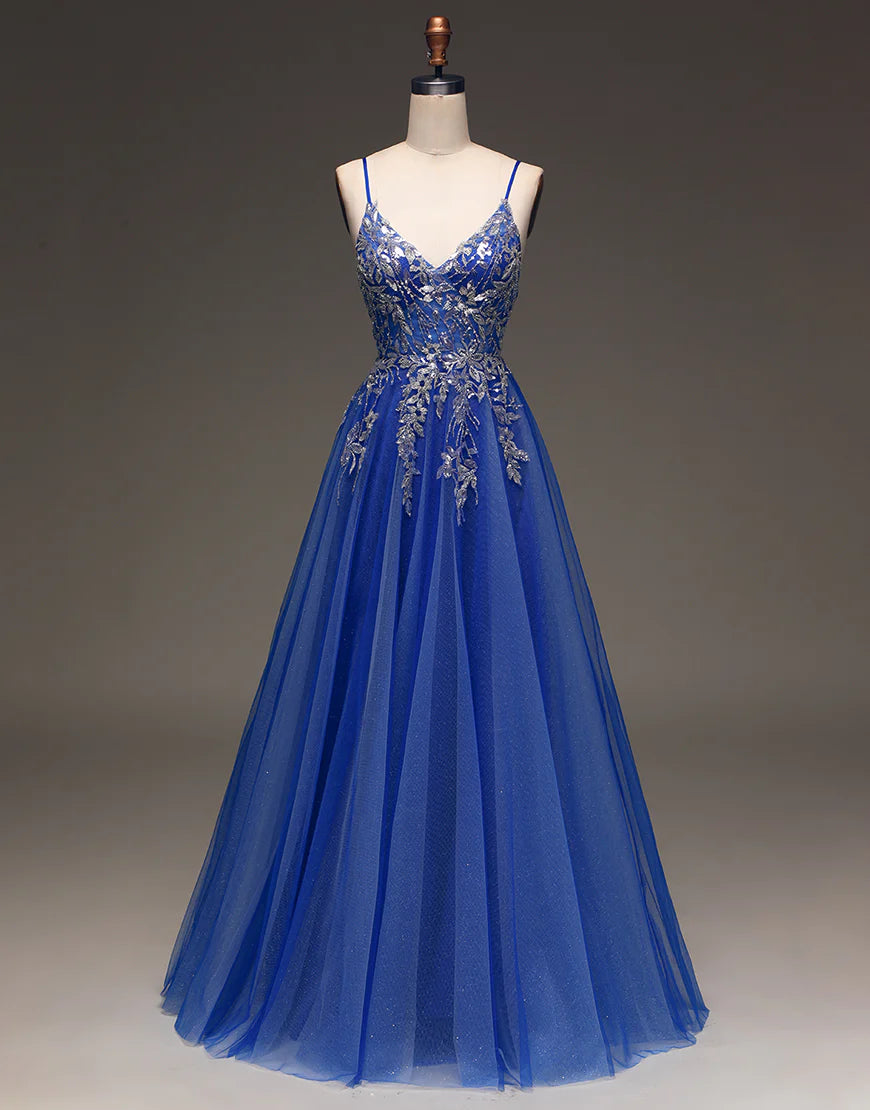 A Line Spaghetti Straps  Long Prom Dress with Appliques