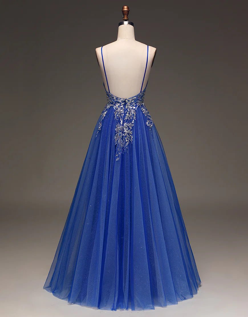 A Line Spaghetti Straps  Long Prom Dress with Appliques
