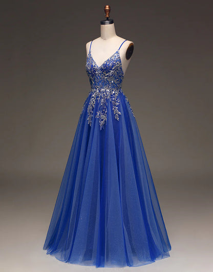 A Line Spaghetti Straps  Long Prom Dress with Appliques