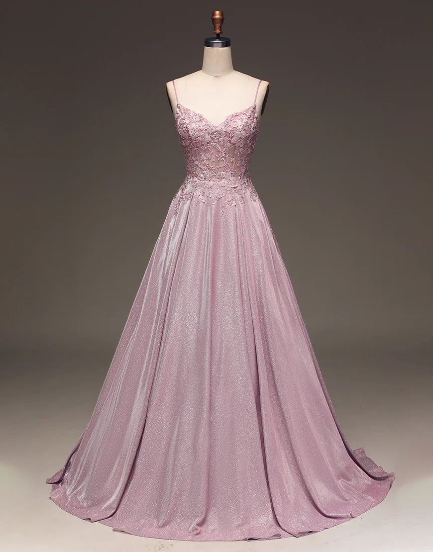 A Line Spaghetti Straps Blush Prom Dress with Appliques