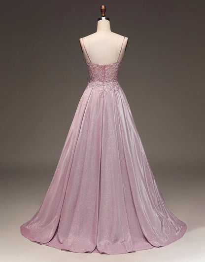A Line Spaghetti Straps Blush Prom Dress with Appliques