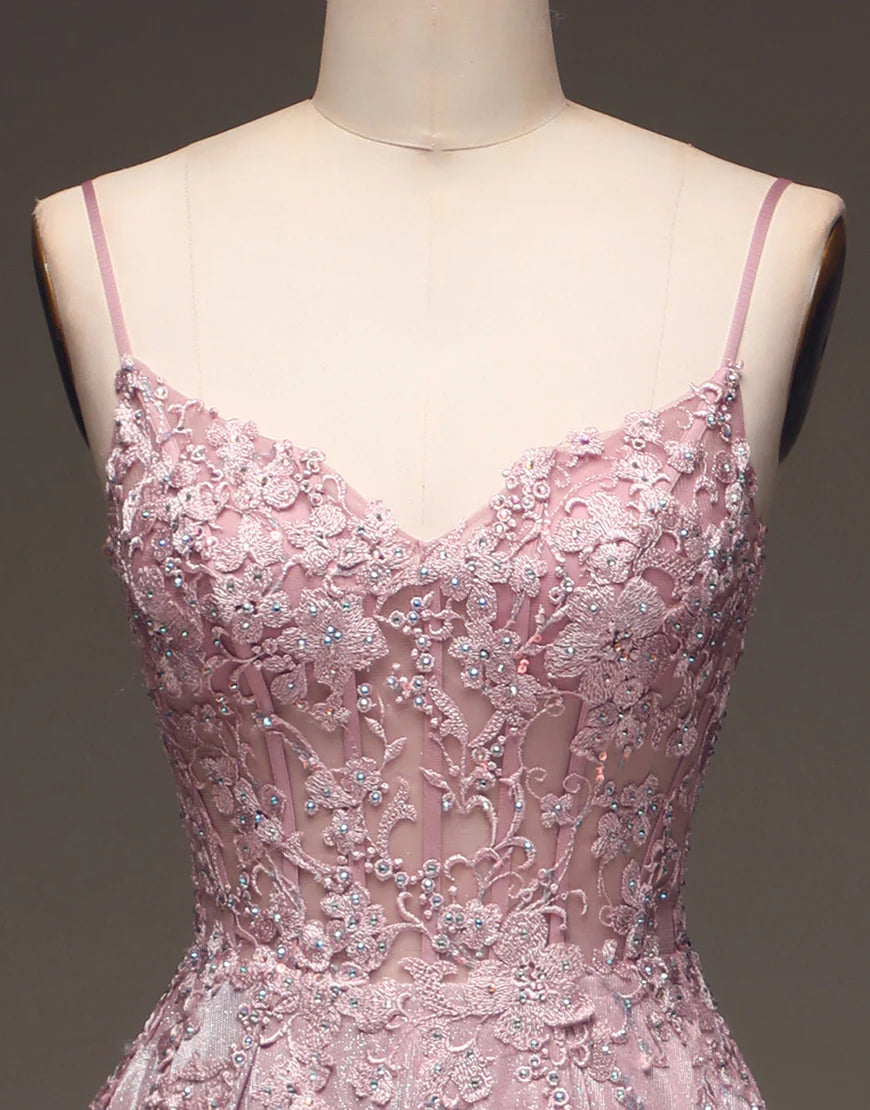 A Line Spaghetti Straps Blush Prom Dress with Appliques