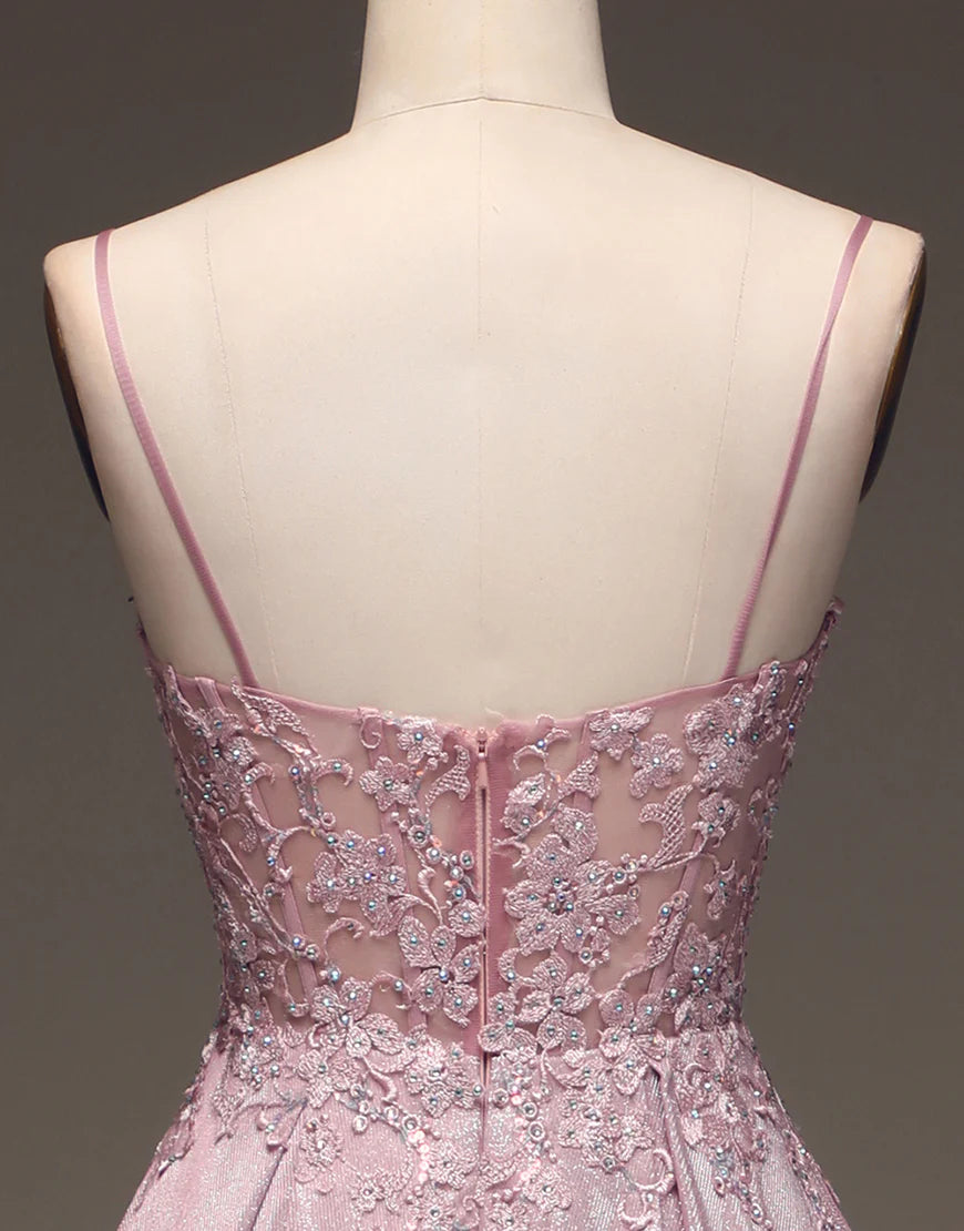 A Line Spaghetti Straps Blush Prom Dress with Appliques