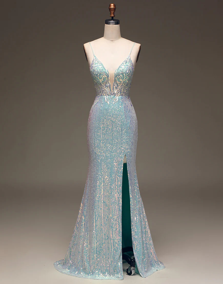 Mermaid  Sleek Glittering Sparkle Sequins Grey Blue Long Prom Dress with Silt