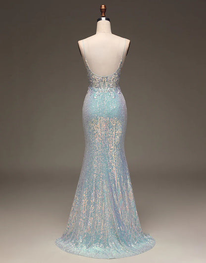 Mermaid  Sleek Glittering Sparkle Sequins Grey Blue Long Prom Dress with Silt
