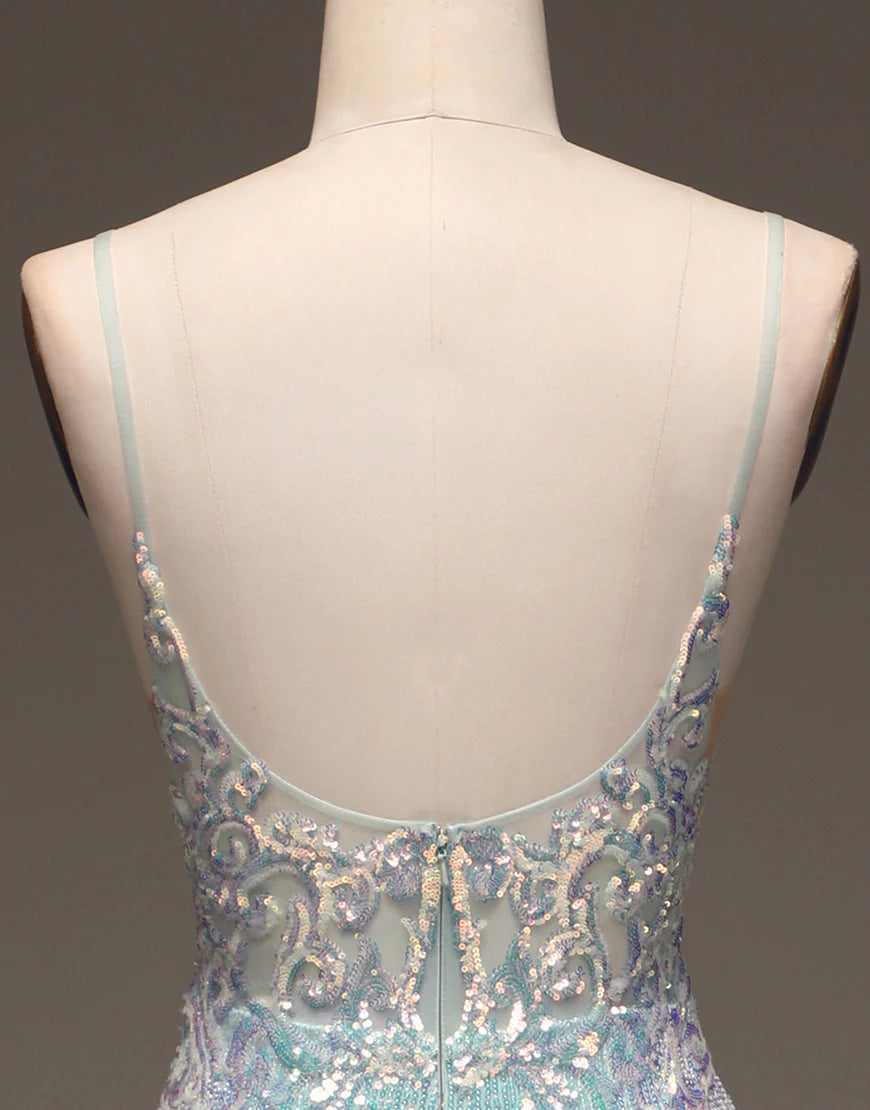 Mermaid  Sleek Glittering Sparkle Sequins Grey Blue Long Prom Dress with Silt