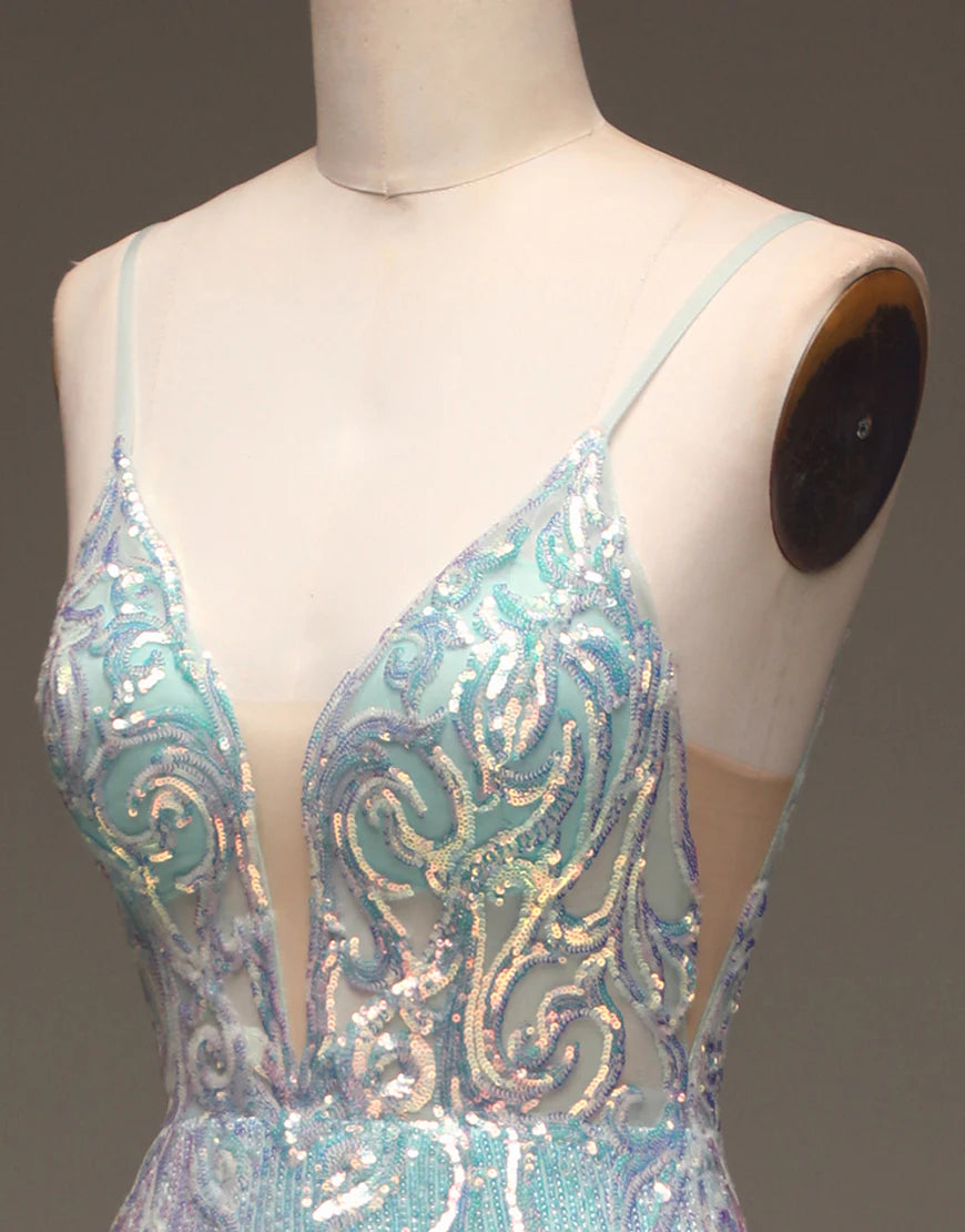 Mermaid  Sleek Glittering Sparkle Sequins Grey Blue Long Prom Dress with Silt