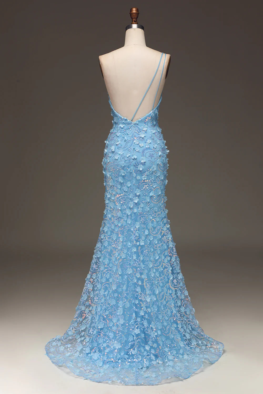 Mermaid Light Blue One Shoulder Side Slit Sequin Prom Dress with 3D Flora Appliques