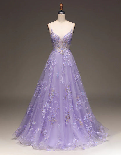 A Line Spaghetti Straps V Neck Prom Dress With Appliques