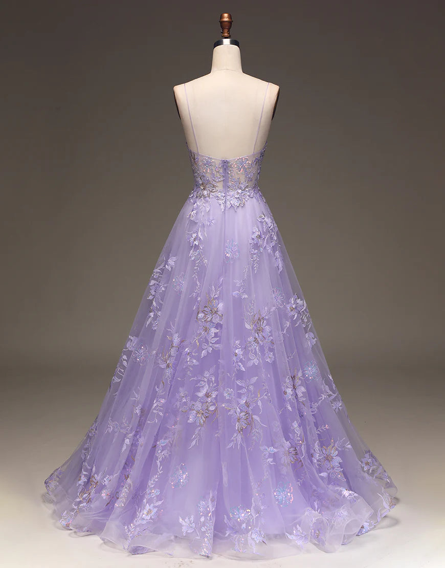 A Line Spaghetti Straps V Neck Prom Dress With Appliques